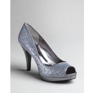 Nine West Silver Sparkle Peep Toe Pumps